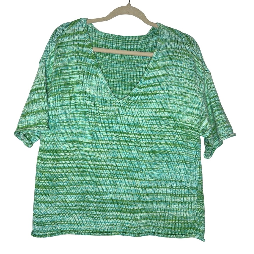 Talbots V-Neck Sweater Women Large Coastal Green Space Dye Short Sleeve Cotton